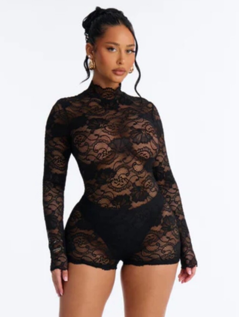 Sheer Black Lace Long-Sleeve Micro Romper